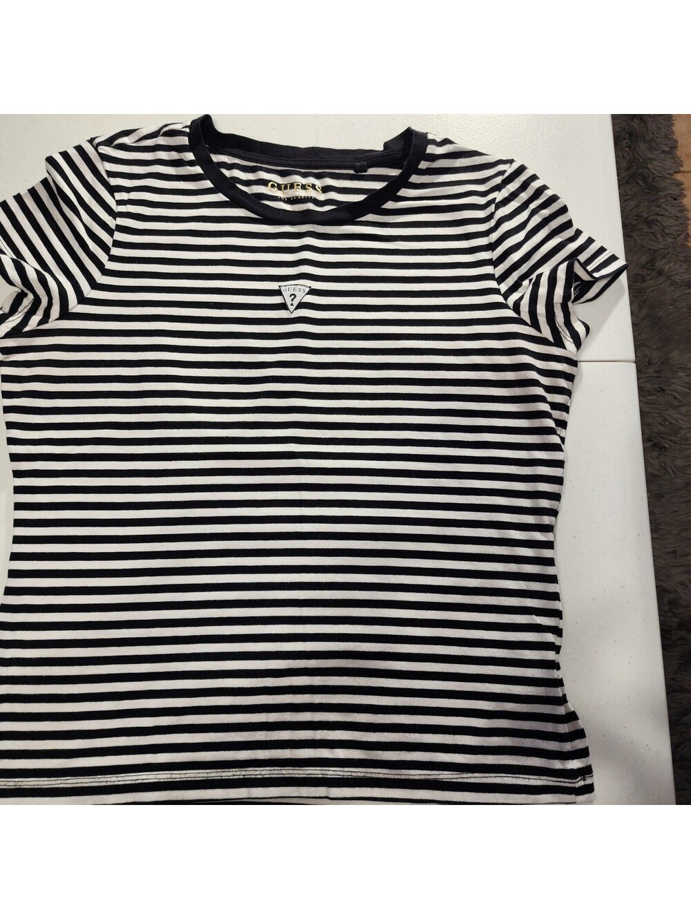 GUESS Black White Striped Logo Crew Neck Short Sleeve T-Shirt Women's Size M